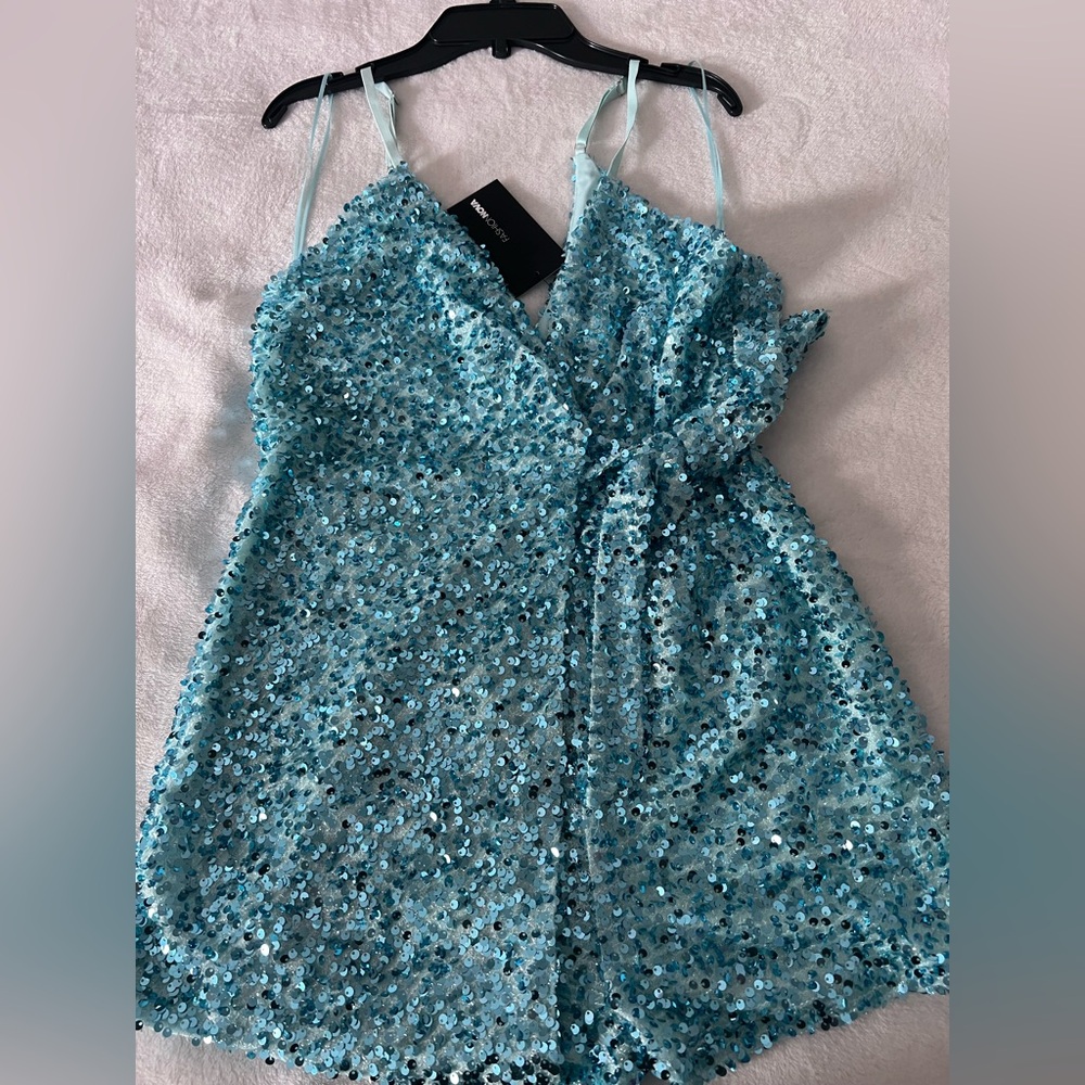 Fashion Nova Sequin Light Blue V-Neck Romper